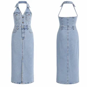 Gianni Bini Denim Halter‎ Maxi Dress Womens XS Light Wash Western Y2K Festival thumbnail 2