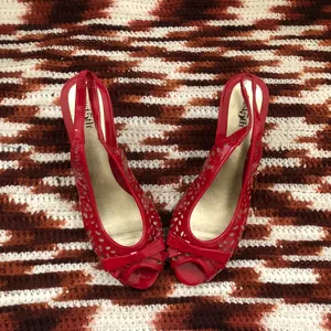 Y2K Coquette Whimsygoth Romantic Goth Vampy Fairy Red Pointelle Cut out Kitten Slingback Heels Pumps Bow Faux Leather Open peep toe-Size 6.5M thumbnail 4