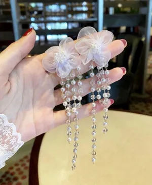 Women's Pearl Crystal Flower Long Tassel Dangle Drop Earrings thumbnail 1