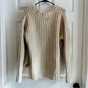 Aerie Cream Chunky Knit Crew Neck Sweater XS Oversized thumbnail 2