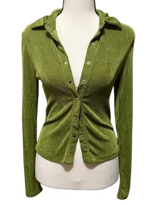 Princess Polly | Green Button-Up Long Sleeve Top thumbnail 1