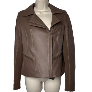 My Tribe Leather Moto Jacket Brown Full Zip Asymmetric Hem Biker Rocker XS Y2K thumbnail 2