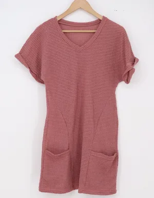 Unbranded Tunic Dress Womens M Waffle Knit Mauve V-Neck Pocket Short Sleeve Exc thumbnail 1