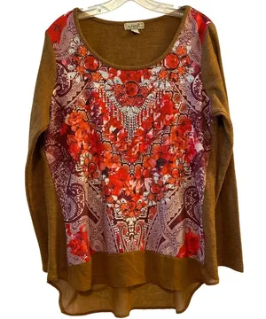 One World XL Brown Embellished Floral Print Long Sleeve Scoop Neck Tunic Top‎ thumbnail 1