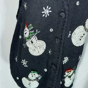 VICTORIA JONES • Vtg Christmas Vest Sweater Beaded Snowman Ugly Sweater Black Lg thumbnail 2