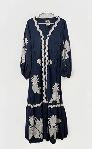 Farm Rio Anthropologie Blue Linen Embroidered Dress Size Medium thumbnail 2