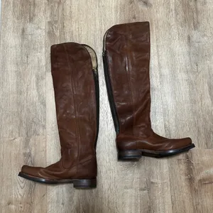 Frye | Women's Melissa Over The Knee Brown Cognac Riding Leather Boots, 7B thumbnail 4