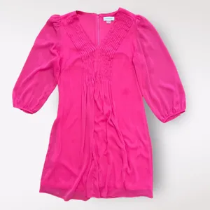 Calvin Klein Pink Pleated Chiffon 3/4 Sleeves V-Neck Short Dress‎ Size 4 thumbnail 1