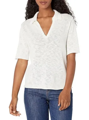 Velvet‎ Torie Linen Cotton Polo Knit Top Moon White Women Medium thumbnail 1