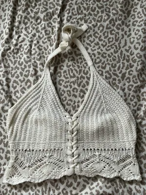 bohemian-style ivory knit halter crop top thumbnail 1