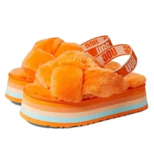 UGG Disco Knot Slides Orange Platform Sandal Sheepskin Fluffy Size 8 thumbnail 1