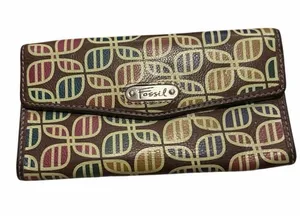 Fossil Leather Checkbook Wallet Brown‎ Retro Print Bifold thumbnail 1