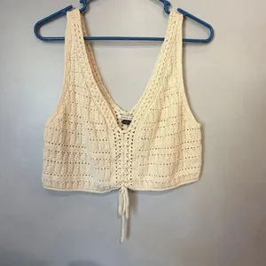 American Eagle Cropped Lace-Up Knit Tank Top Crochet Cream XL Coquette #1100 thumbnail 3
