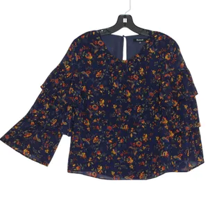 Madewell Ruffle Dark Floral Navy Blue Top Boho Cottagecore Romantic Feminine M thumbnail 7