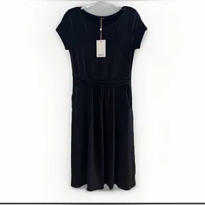 Quince Womens Black Tencel Jersey Ruched Waist Dress sz M NWT Short Sleeve Midi thumbnail 3