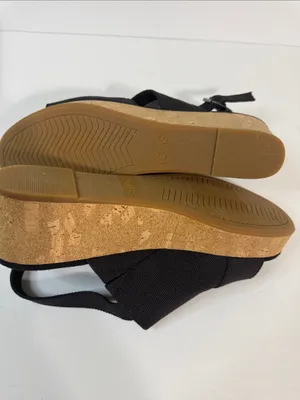 Toms Black Fabric Cork Wedge Sandals with Slingback thumbnail 7