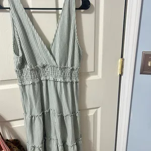 American Eagle Outfitters Sage Stripe V-Neck Tiered Midi Dress thumbnail 3