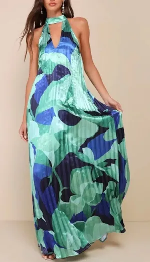 Lulus Prime Poise Green And Blue Abstract Satin Halter Maxi Dress NWT Small thumbnail 1