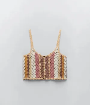 ZARA NWT Knit Multicolor BoHo Striped Crochet Crop Top SS21 Unlined thumbnail 2