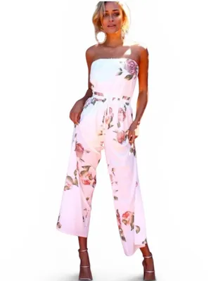 Hello Molly White Strapless Floral Wide-Leg Jumpsuit with Pink Roses thumbnail 2