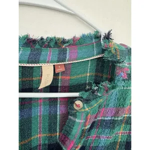 Anthropologie Pilcro Cropped Puff-Sleeve Soft Crinkle Green Plaid‎ Blouse Small thumbnail 7