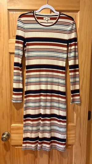 Madewell multi-color striped ribbed midi dress rust navy cream light blue Wmns L thumbnail 1