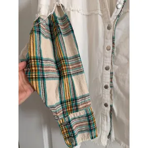 POL White Denim Shacket Plaid Contrast Distressed Raw Hem XL Oversized thumbnail 4
