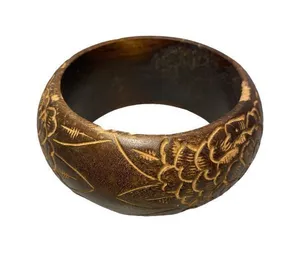 Natural wooden floral carved bangle bracelet thumbnail 1