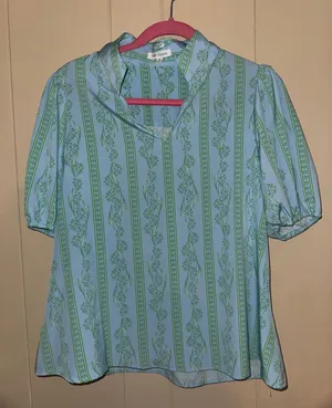 Light Blue & Green Striped Floral Puff Sleeve Blouse thumbnail 1