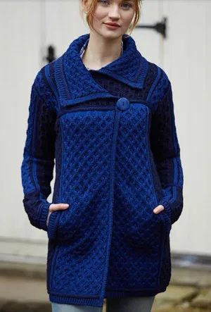 Aran Crafts Ireland 100% Merino Wool Blue Cable Knit Cardigan Jacket M thumbnail 1