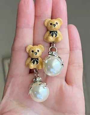 Handmade Kawaii teddy bear y2k fairy 2WAY studs & dangle earrings🧸🌟 thumbnail 4
