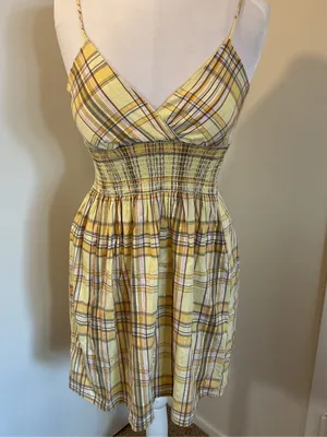 Fabiola Yellow Plaid Sundress Small Smocked Waist V-Neck Cotton Blend Summer thumbnail 2
