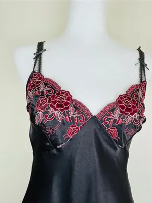 Vintage Black Satin Slip Dress Burgundy Embroidered Lace Maxi S thumbnail 4