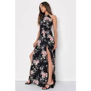 Lulus Feel the Music Midnight Blue Floral Print Halter Maxi Dress NWOT S thumbnail 4