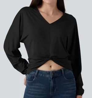 NWT Halara Twist Front V-Neck Long Sleeve Top Size M Black Minimal Athleisure thumbnail 1