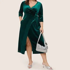 Green Velvet Wrap Gathered Split Front Pockets Dress Size 18 thumbnail 2