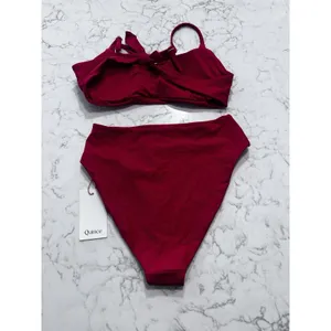 NWT Quince Cherry Red Italian Scoop Neck Bikini Top & High Rise High Leg Bottom thumbnail 2