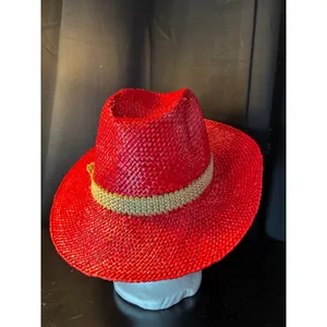 Red Straw Cowboy Hat‎ with Woven Band and Feather Accent Western Style Fedora thumbnail 3