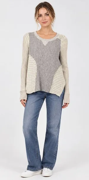 Anthropologie Saturday Sunday Woman’s M Mixed Knit Pullover Sweater Gray/Cream thumbnail 1