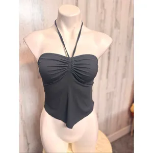 Romwe Crop Top Womens Medium Black Ribbed Halter Neck Ruched Handkerchief Hem thumbnail 7