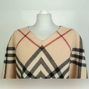 Burberry London Lamba Wool Nova Check Scarf Poncho Plaid Tan Black Red Fringe thumbnail 2