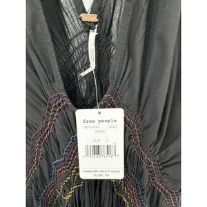 Free People Black Rainbow Smocked Boho Mini Dress S Ruched‎ Embroidered NWT thumbnail 9