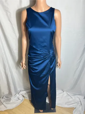 Abercrombie & Fitch Navy Satin Maxi Dress Open Back Ruched Slit Size S Tall thumbnail 2
