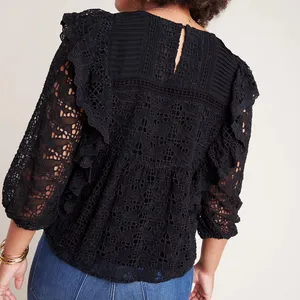 Anthropologie Clementine Eyelet Lace Blouse Black Ruffle Puff Sleeve Size 6 thumbnail 4