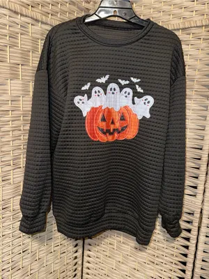 Women's Black Halloween Pumpkin & Ghost Appliqué top. Size M thumbnail 1