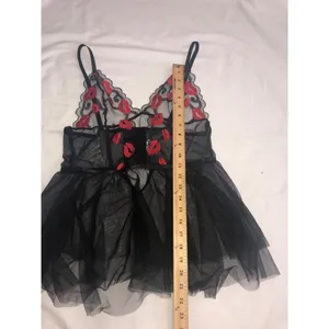 Babydoll Cami Med Black Red Embroidered Goth Fairy Slip Sexy Lips Lingerie Y2K thumbnail 6