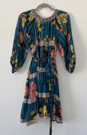 Anthropologie Verb Eulalia Shimmer Tunic Dress Hawaiian Blue Boho Cocktail Dress thumbnail 1