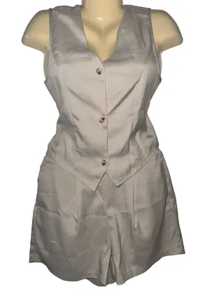 Sleeveless Button Vest & Shorts Set in Tan thumbnail 1