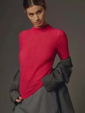 Maeve by Anthropologie Hot Pink Sheer Mesh Mock-Neck Top - Size - Large thumbnail 2