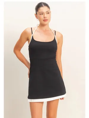 NEW HYFVE Black Halter Mini Dress Built In Shorts Cotton Stretch Large thumbnail 3